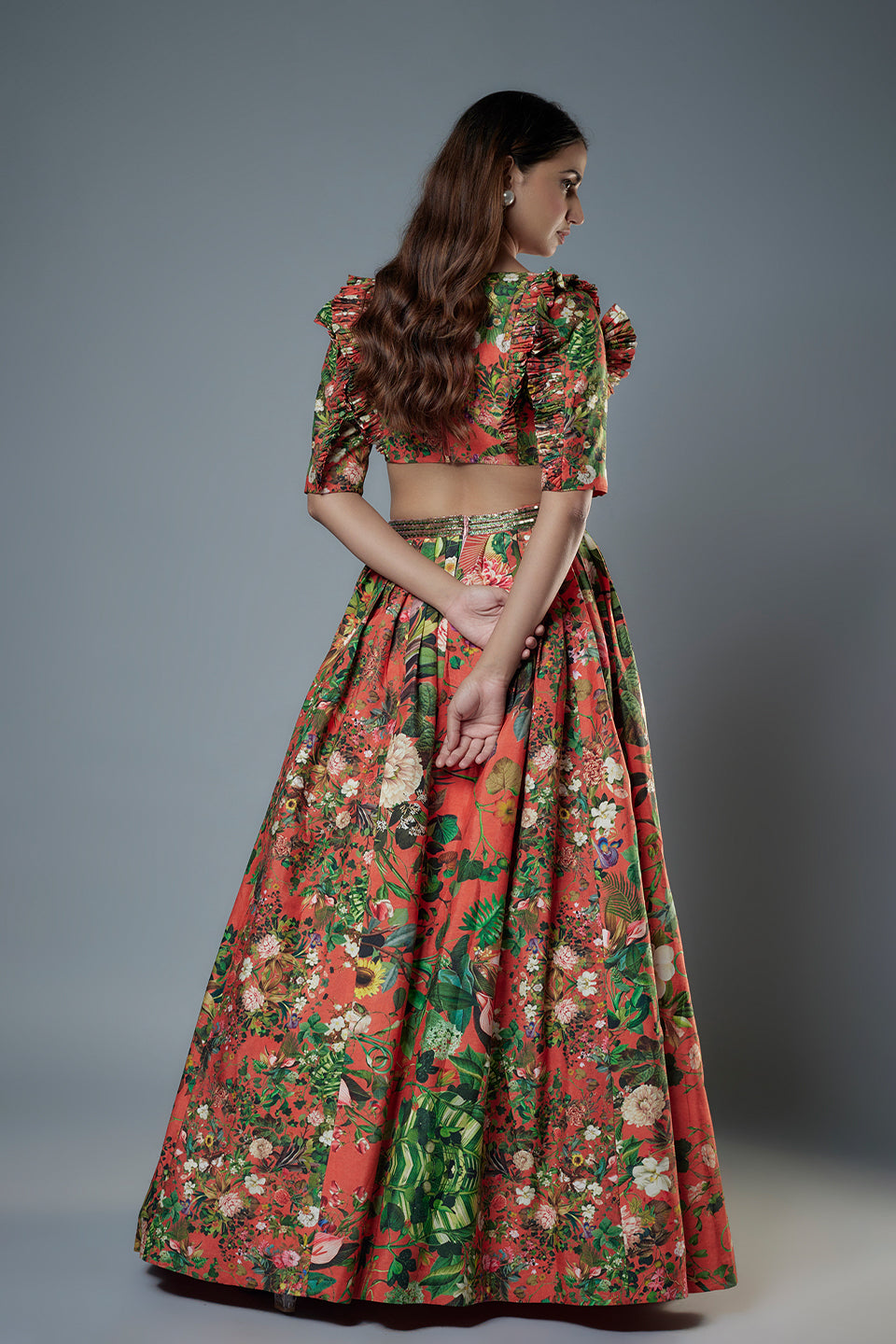 Botanical printed Ruffle Blouse & Lehenga