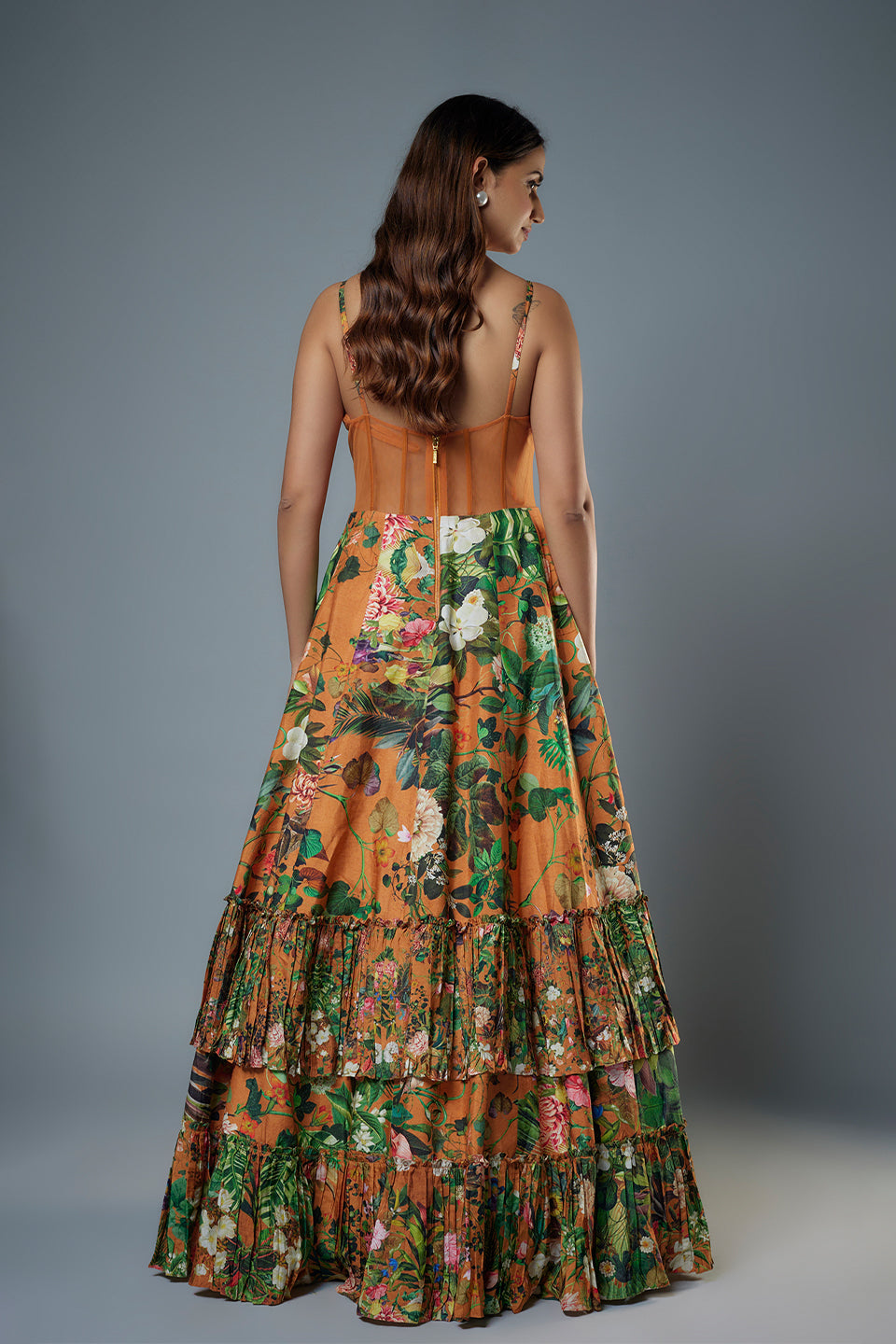 Rust botanical printed raw Silk Gown