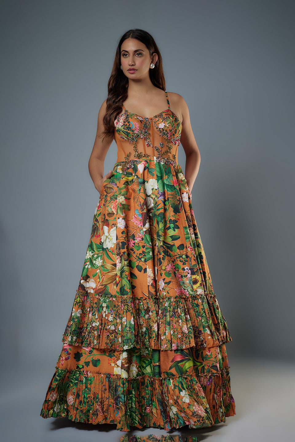 rust botanical printed raw Silk Gown