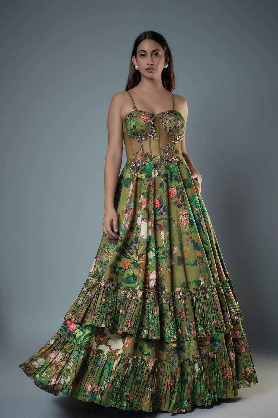 Green botanical printed raw Silk Gown