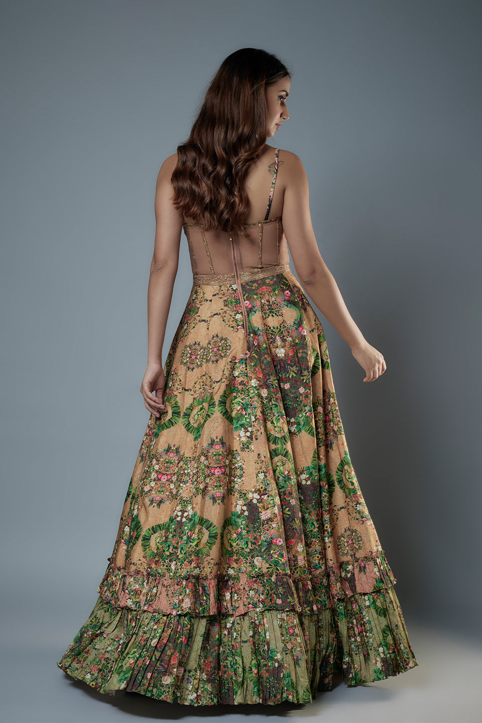 botanical printed raw Silk Gown with Brocade Bodice