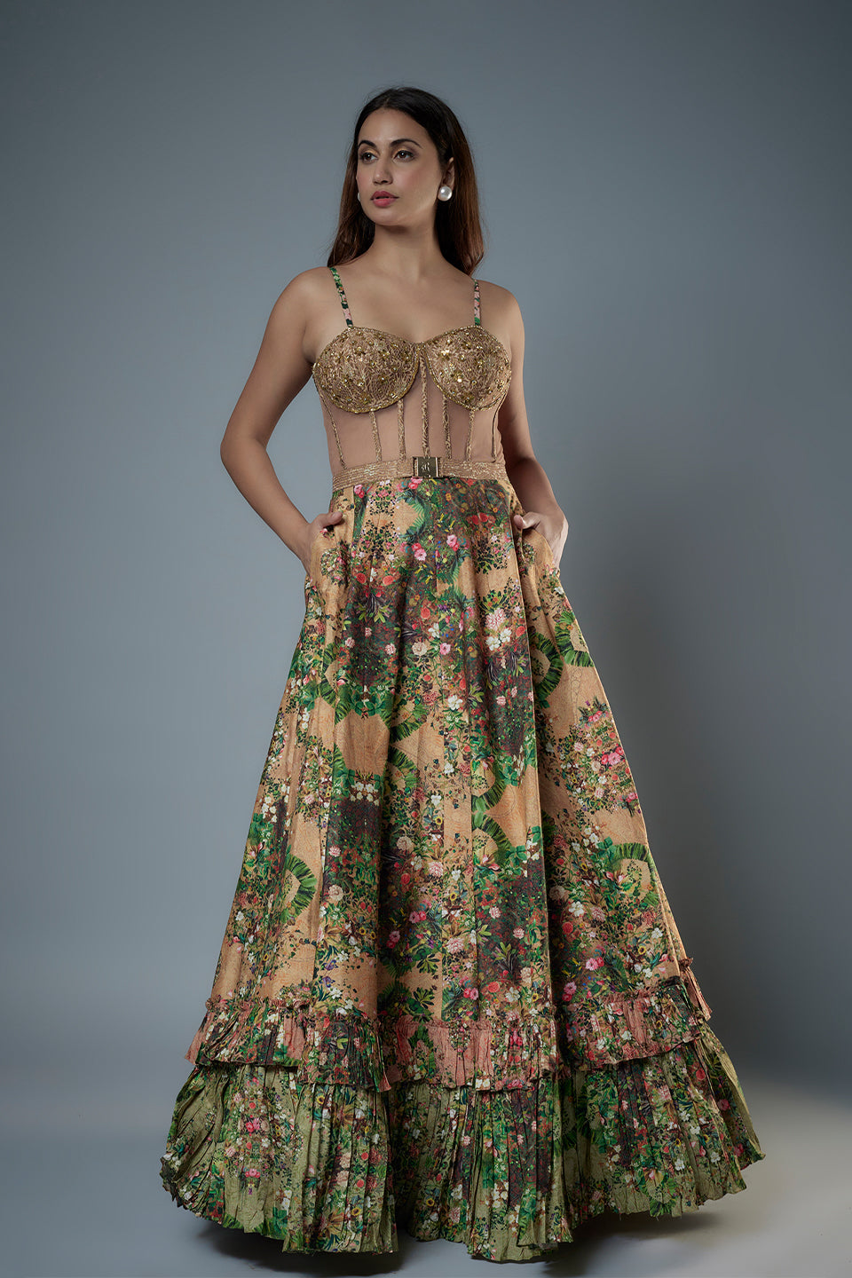 botanical printed raw Silk Gown with Brocade Bodice