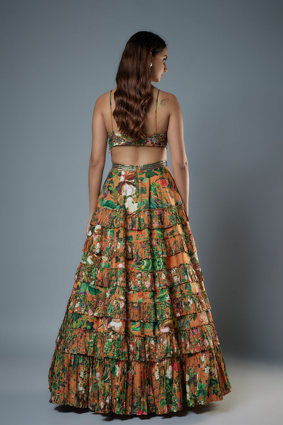 Printed Embroidered Bustier with Printed Lehenga