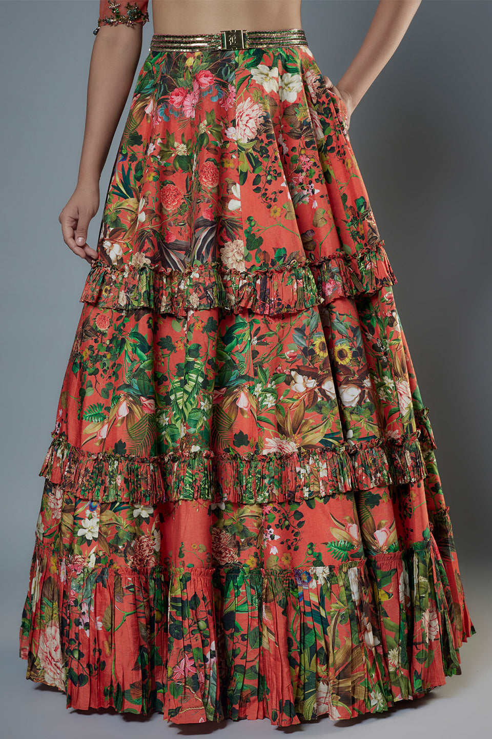 Net Embroidered Blouse with Layered Frill Lehenga