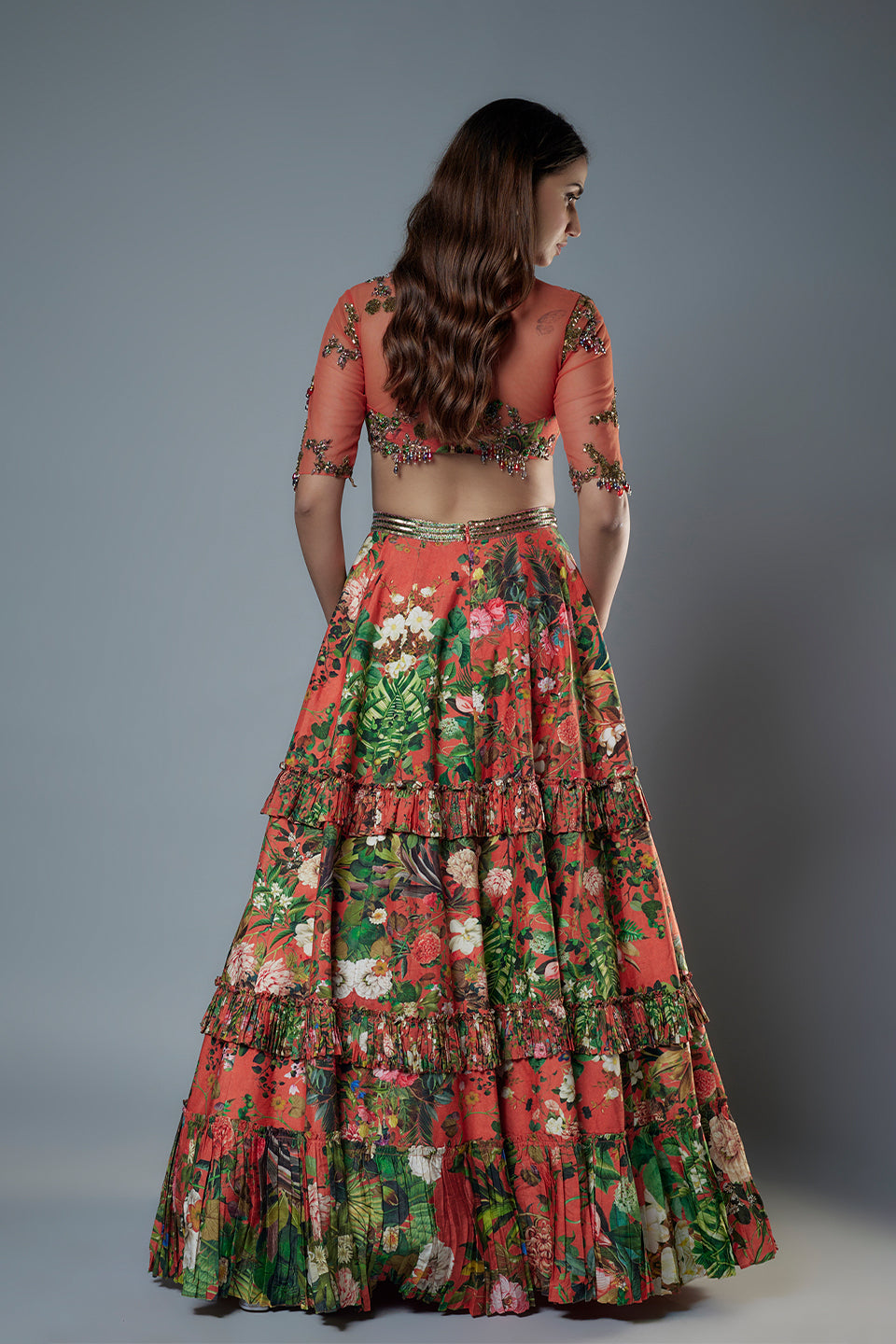 Net Embroidered Blouse with Layered Frill Lehenga