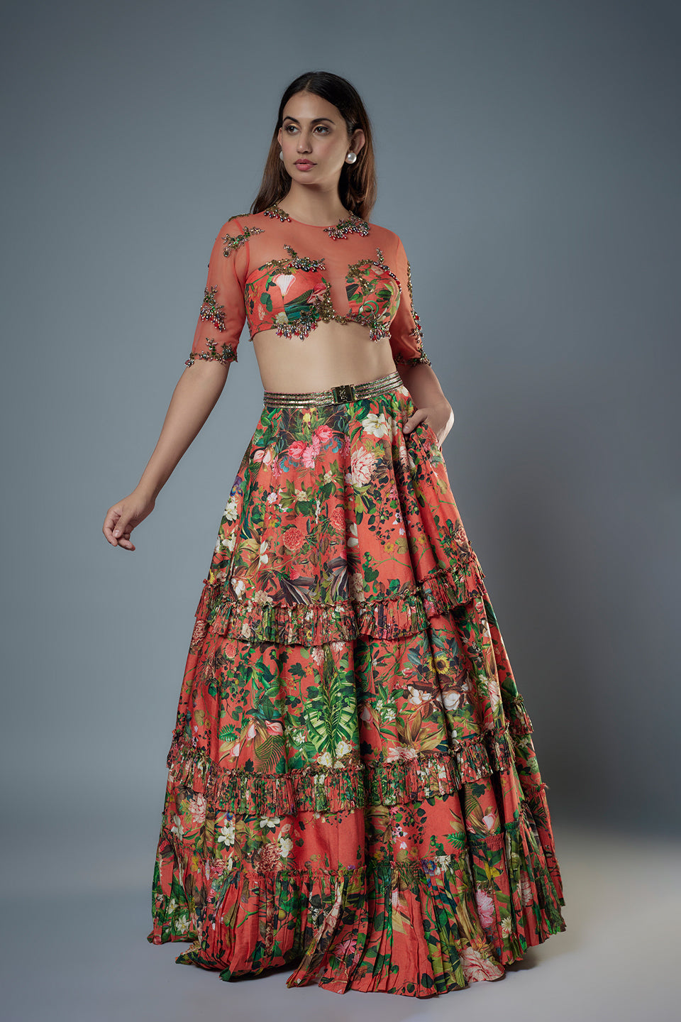 Net Embroidered Blouse with Layered Frill Lehenga