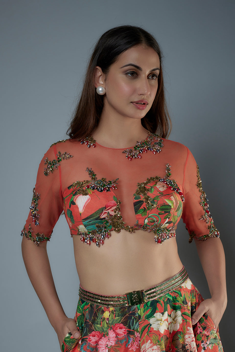 Net Embroidered Blouse with Layered Frill Lehenga