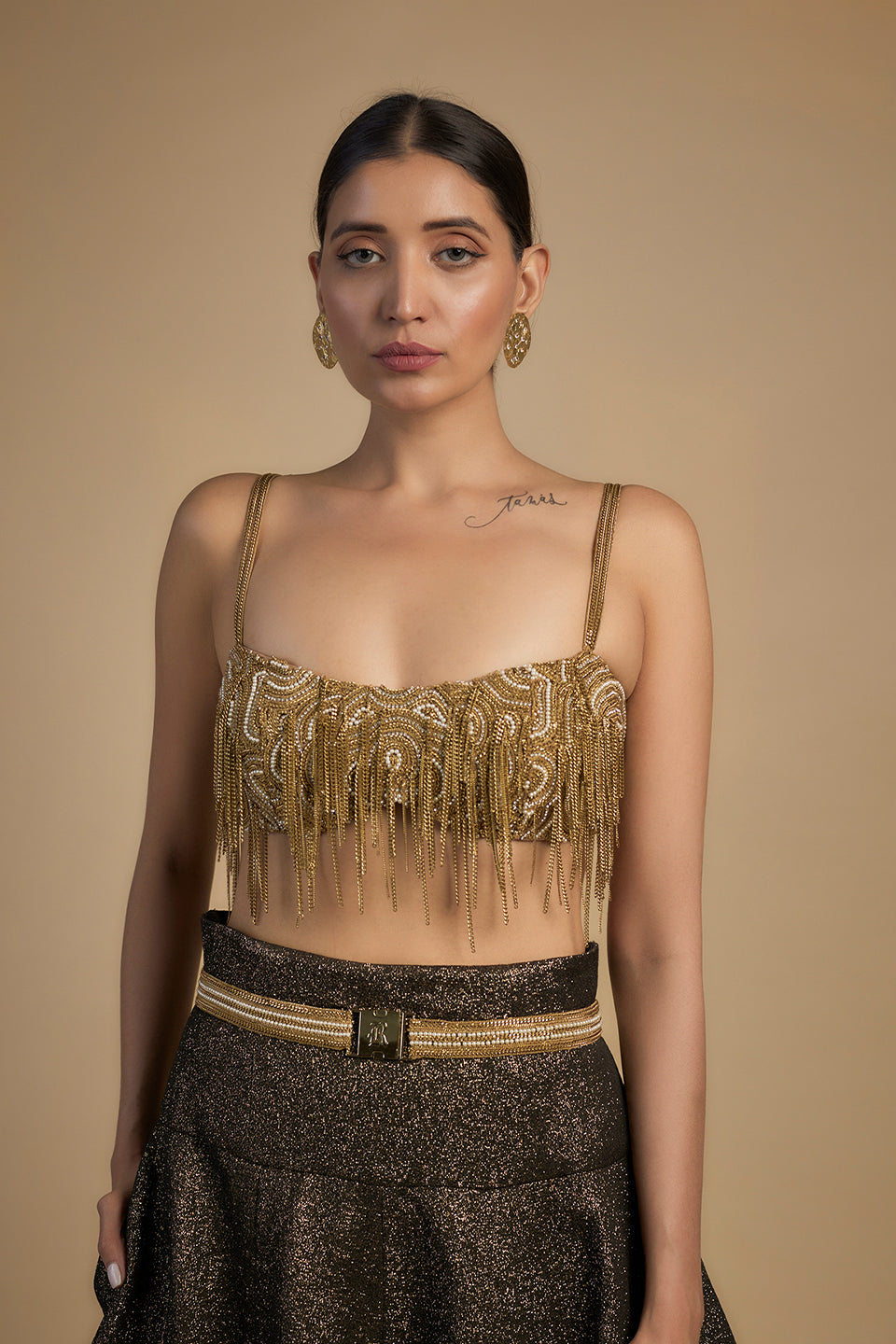 Gold Chains With Moti Blouse And Leehnga Set