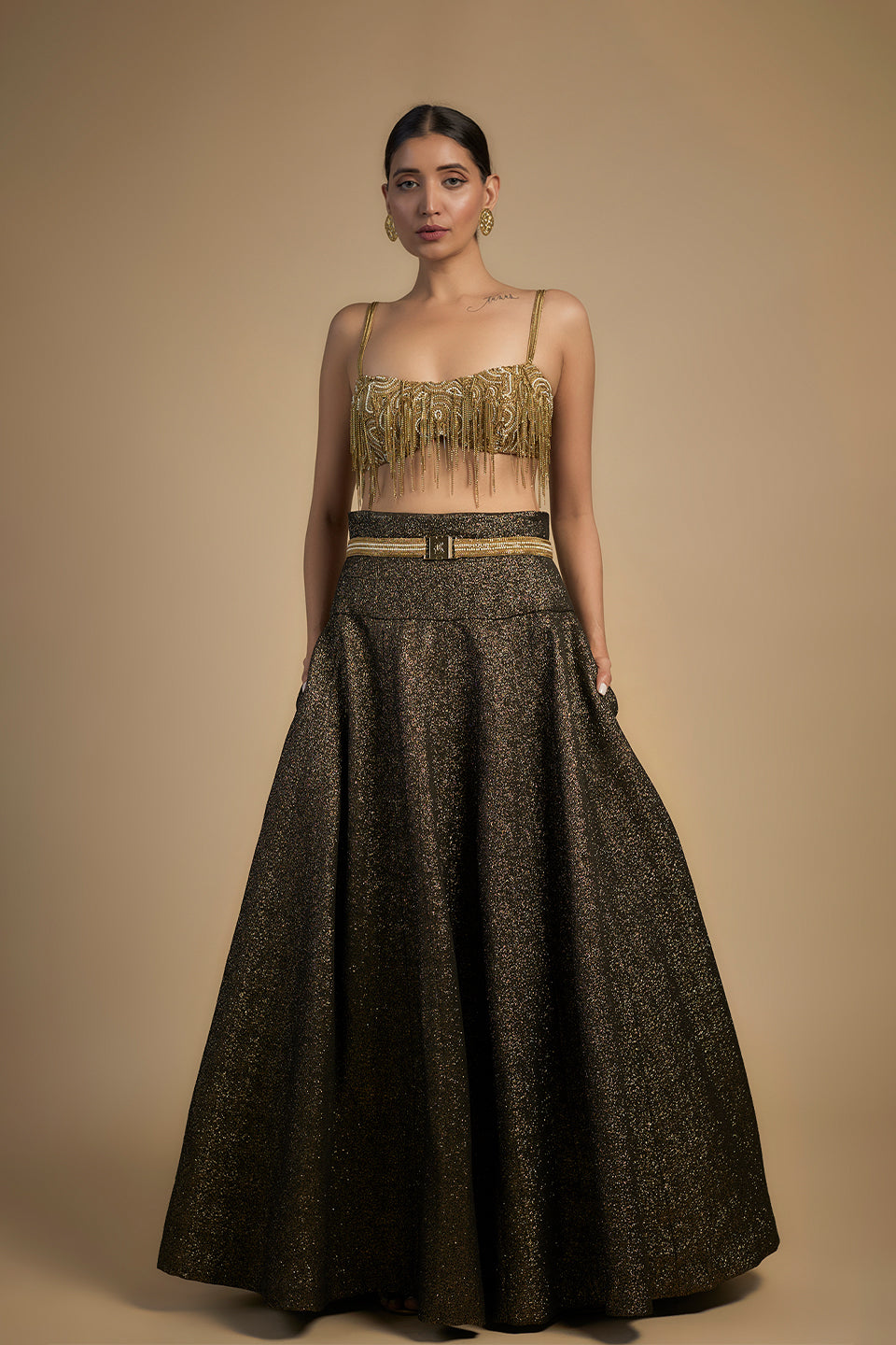 Gold Chains With Moti Blouse And Leehnga Set