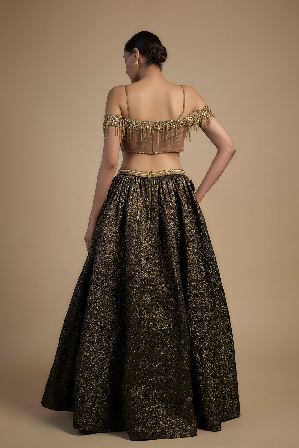 Gold Chains With Moti Blouse And Leehnga Set