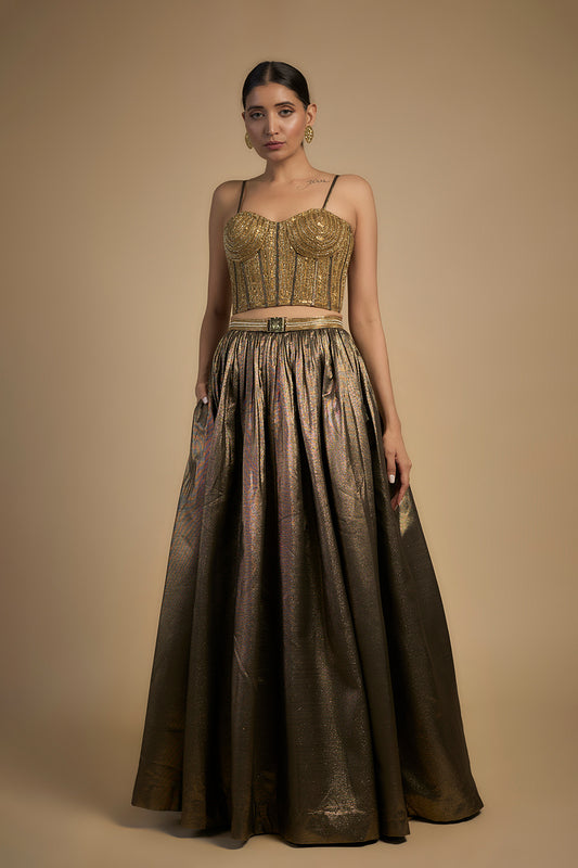 Gold corset blouse and lehenga set