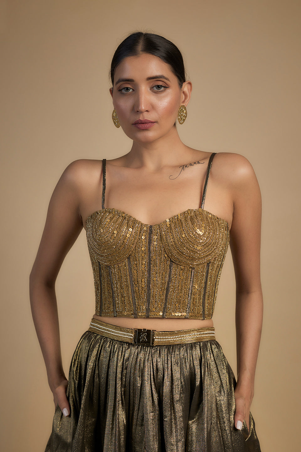 gold corset blouse and lehenga set