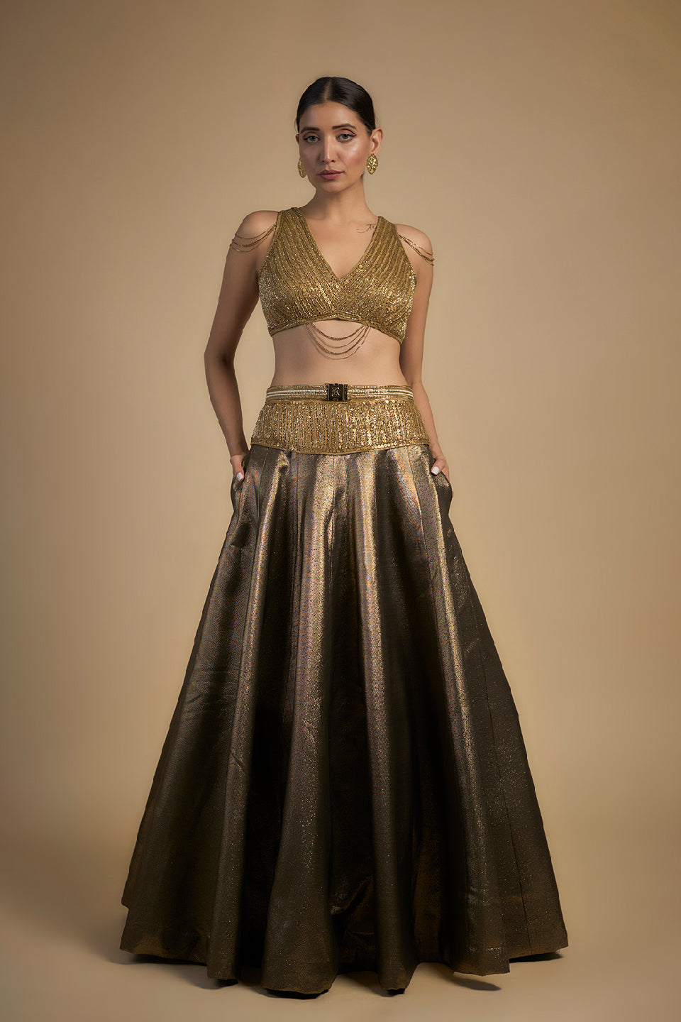 Gold sequins and Chain Blouse lehenga set