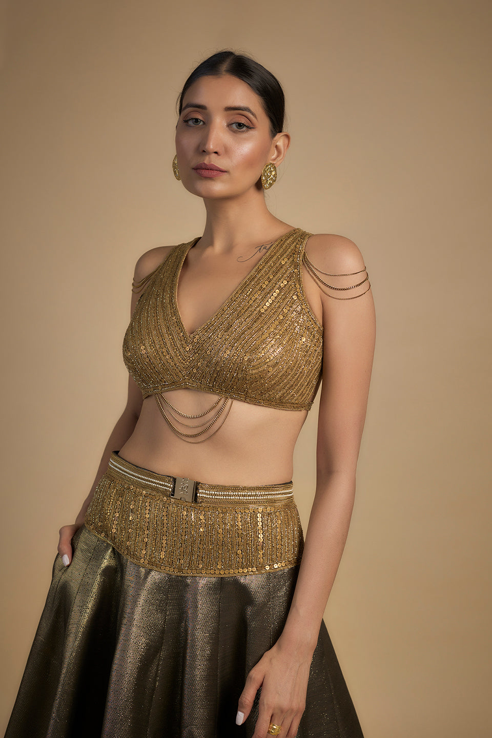 Gold sequins and Chain Blouse lehenga set