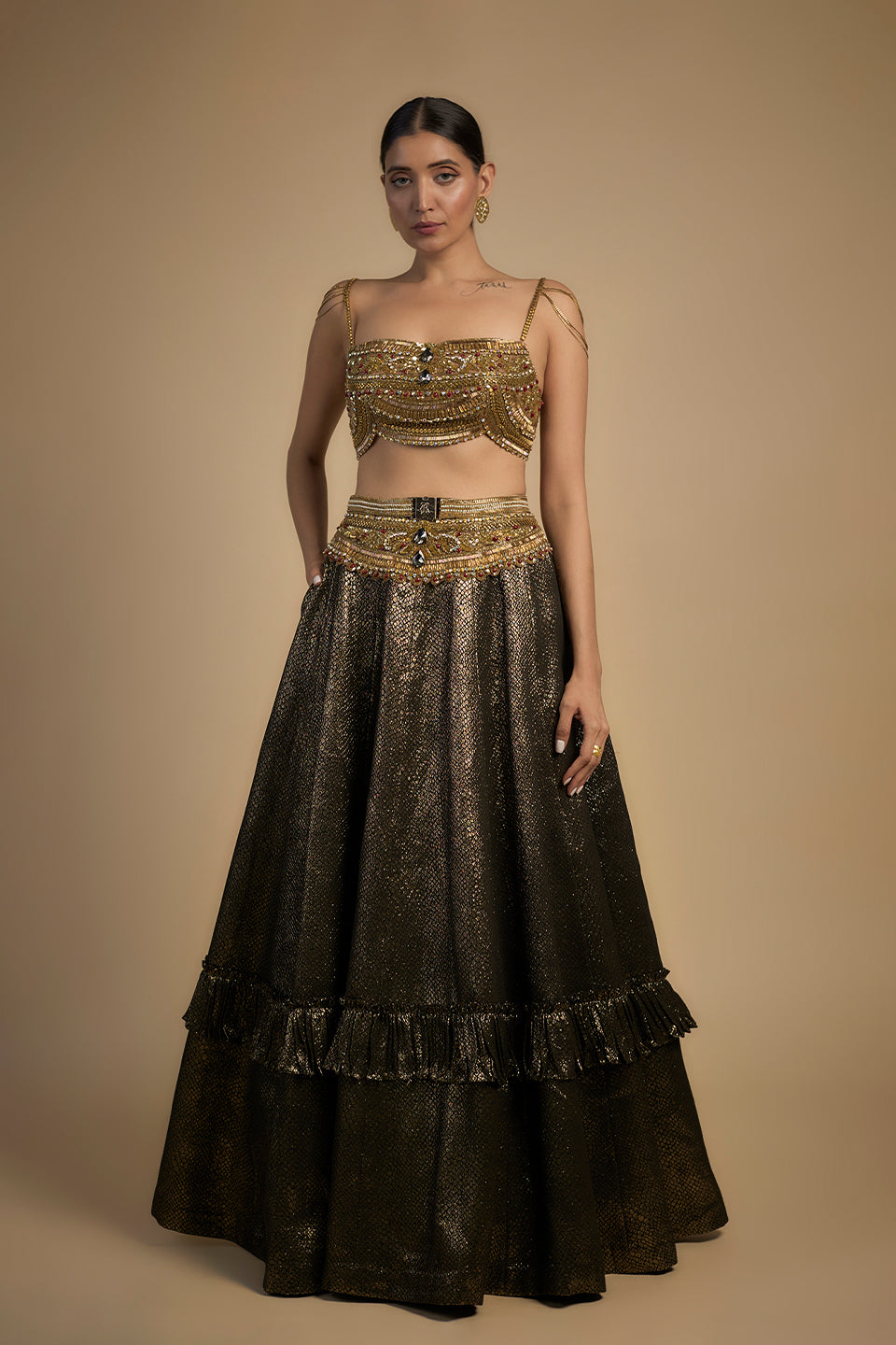 Gold Embroidered Blouse Lehenga Set