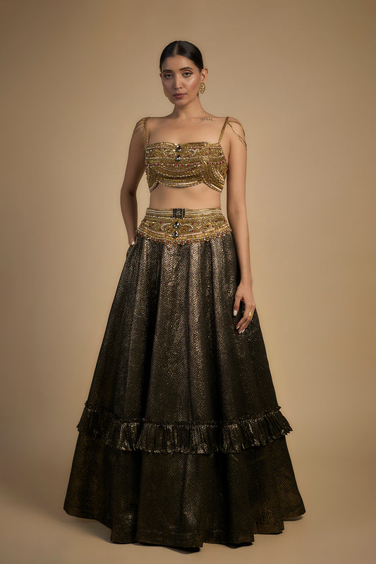 Gold Embroidered Blouse Lehenga Set