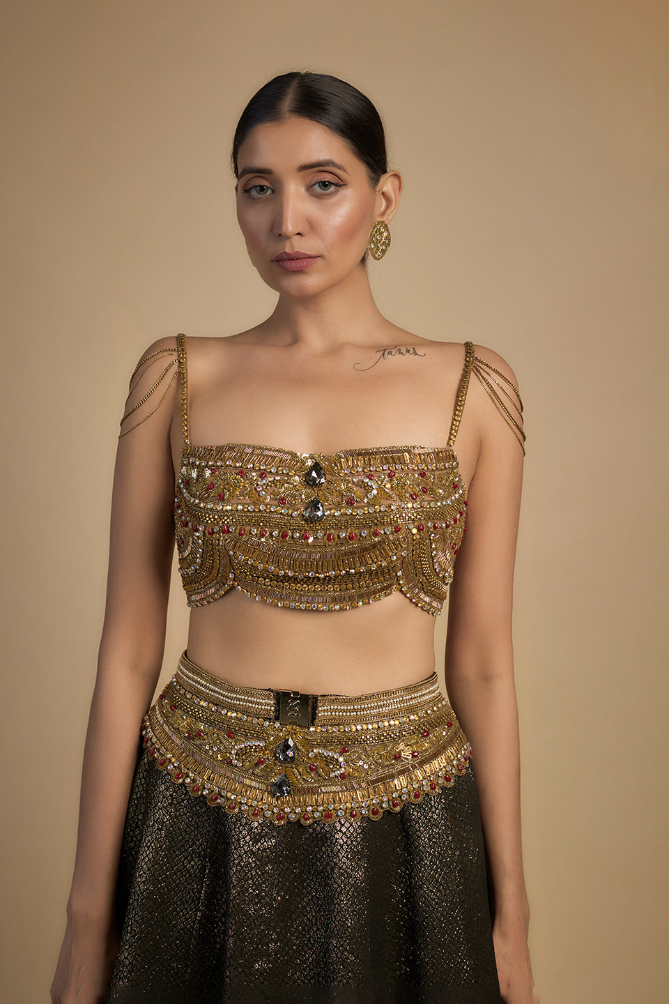 Gold Embroidered Blouse Lehenga Set