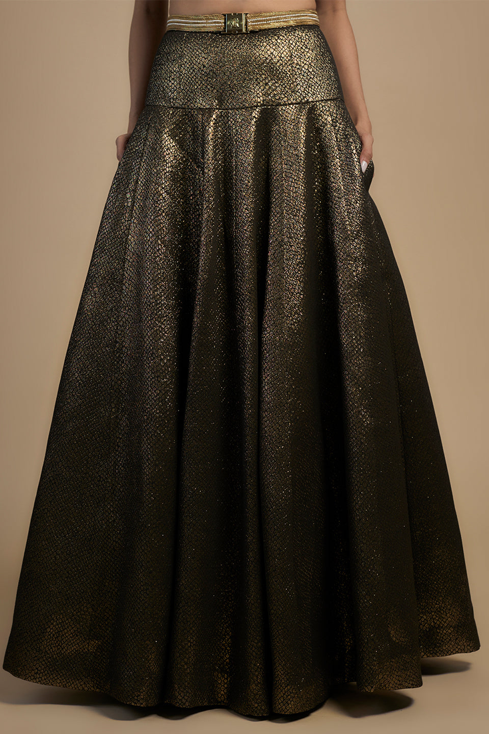 Gold embroidered with moti and chain corset fit Blouse lehenga set