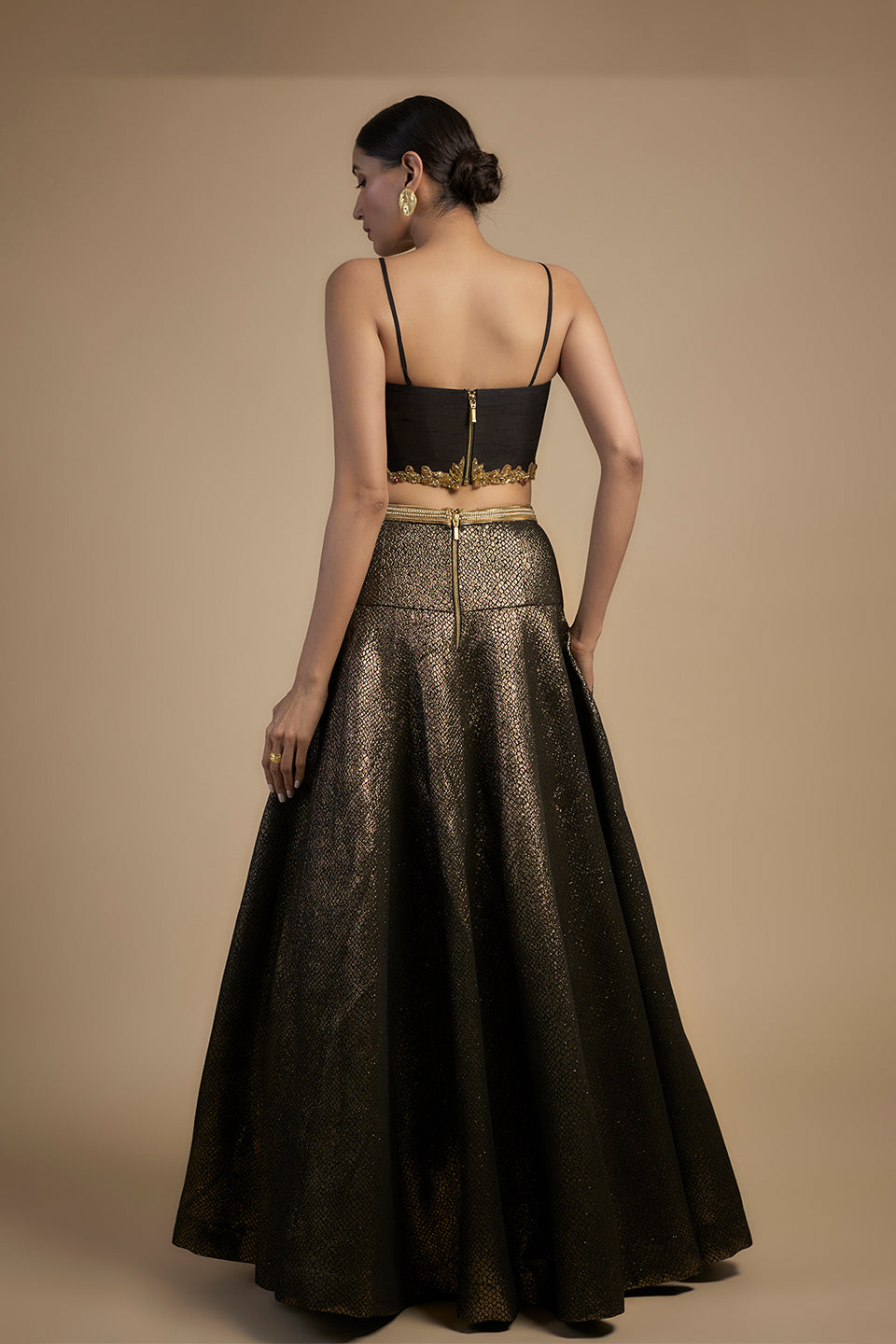 Gold embroidered with moti and chain corset fit Blouse lehenga set