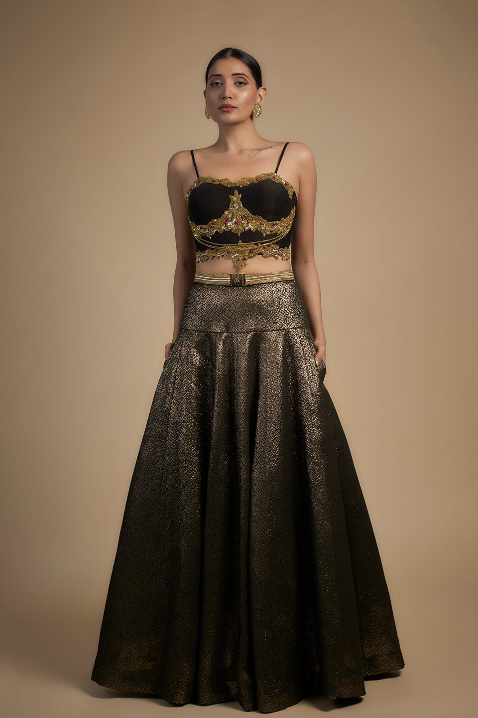 Gold embroidered with moti and chain corset fit Blouse lehenga set