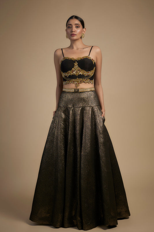 Gold embroidered with moti and chain corset fit Blouse lehenga set