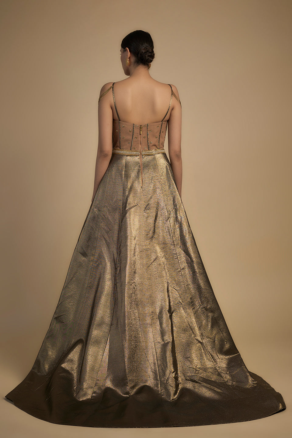 Gold sequins corset with chain gown