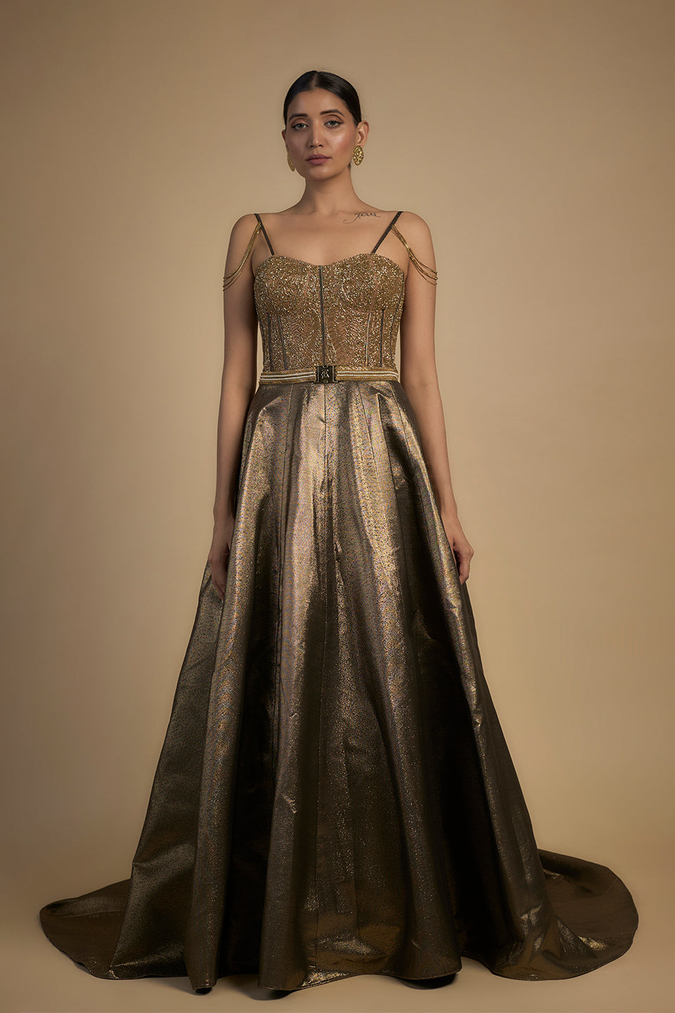 Gold sequins corset with chain gown