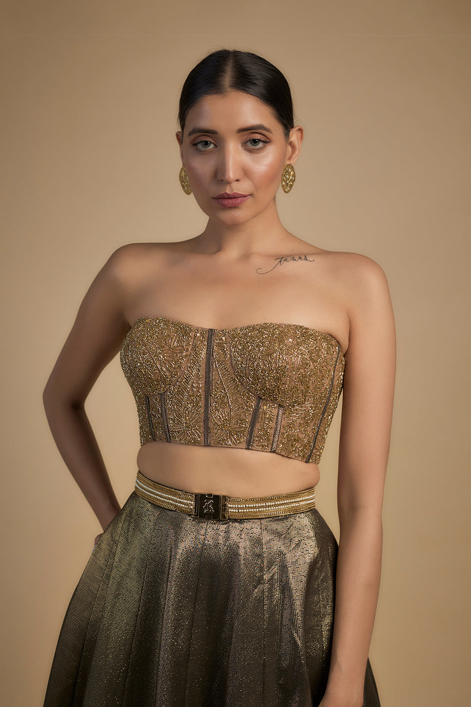 Gold handcrafted bustier lehenga set