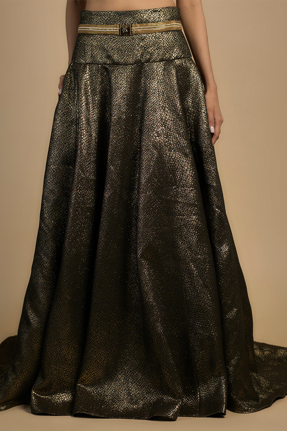 Gold corset with tassel sleeves lehenga set