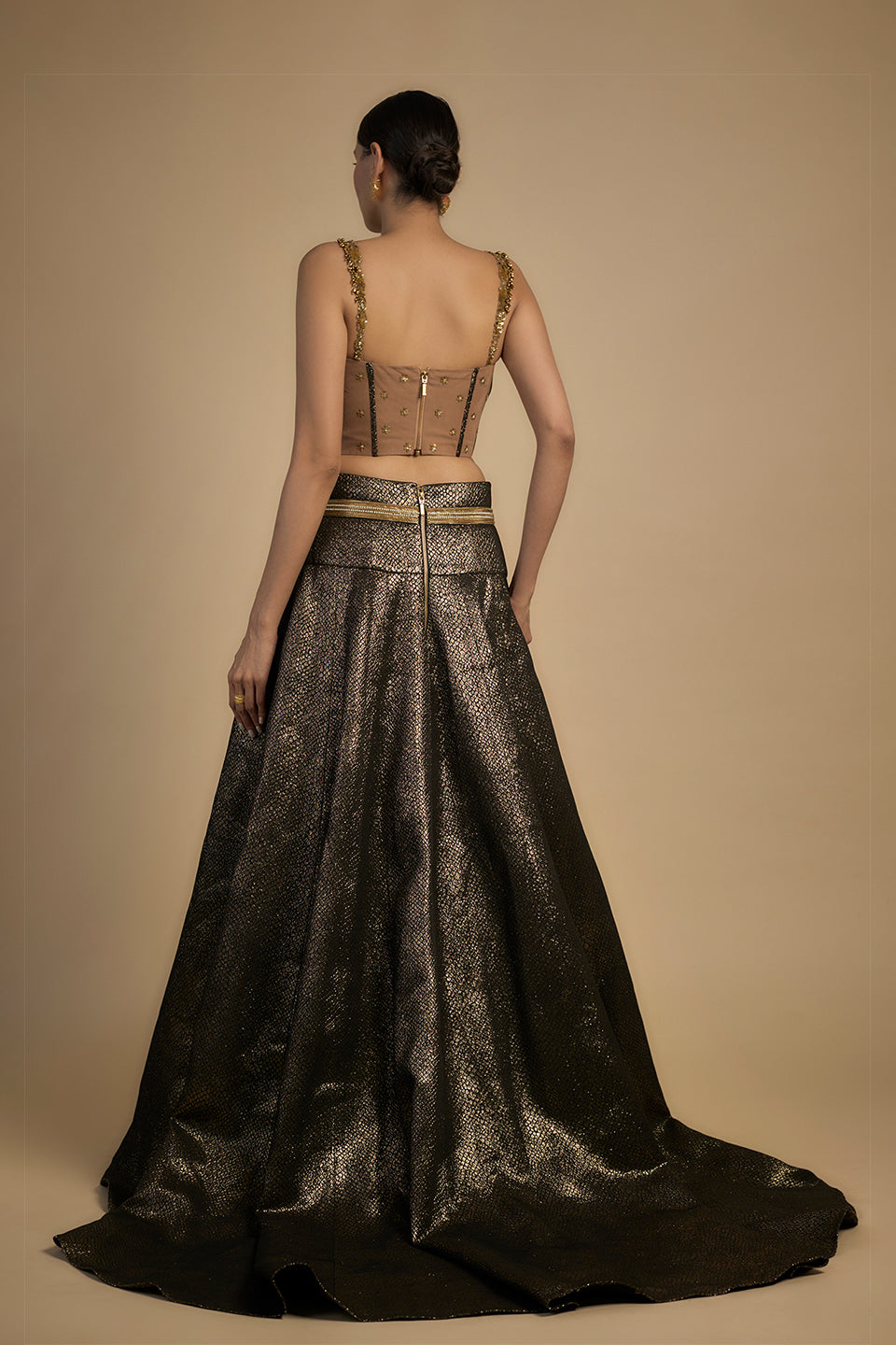 Gold corset with tassel sleeves lehenga set