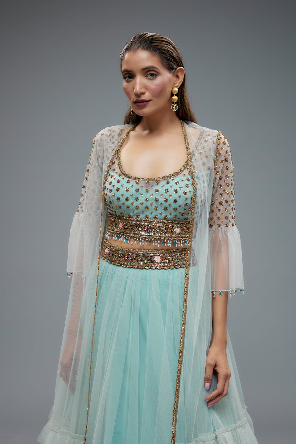 Sky Blue Net Jacket Lehenga Set