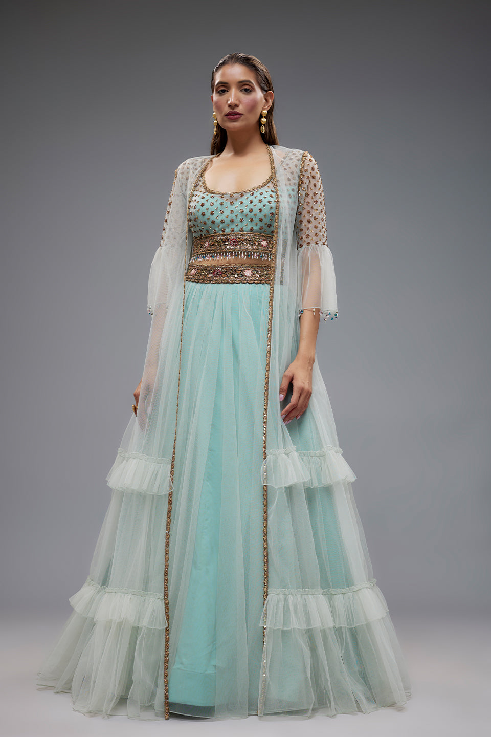 Sky Blue Net Jacket Lehenga Set