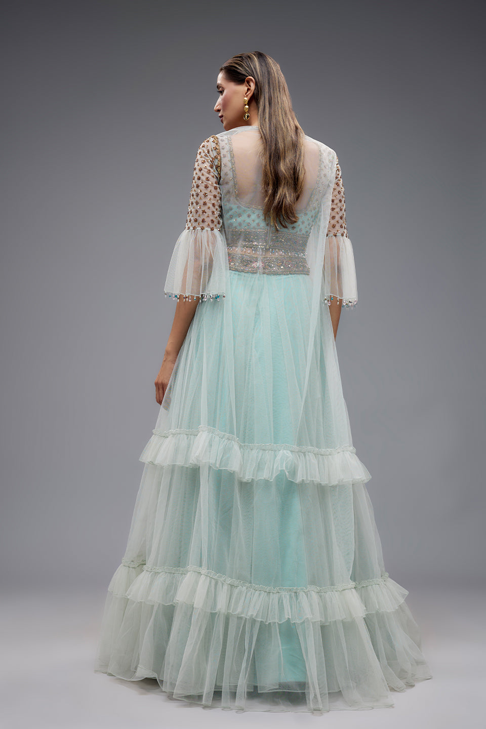 Sky Blue Net Jacket Lehenga Set