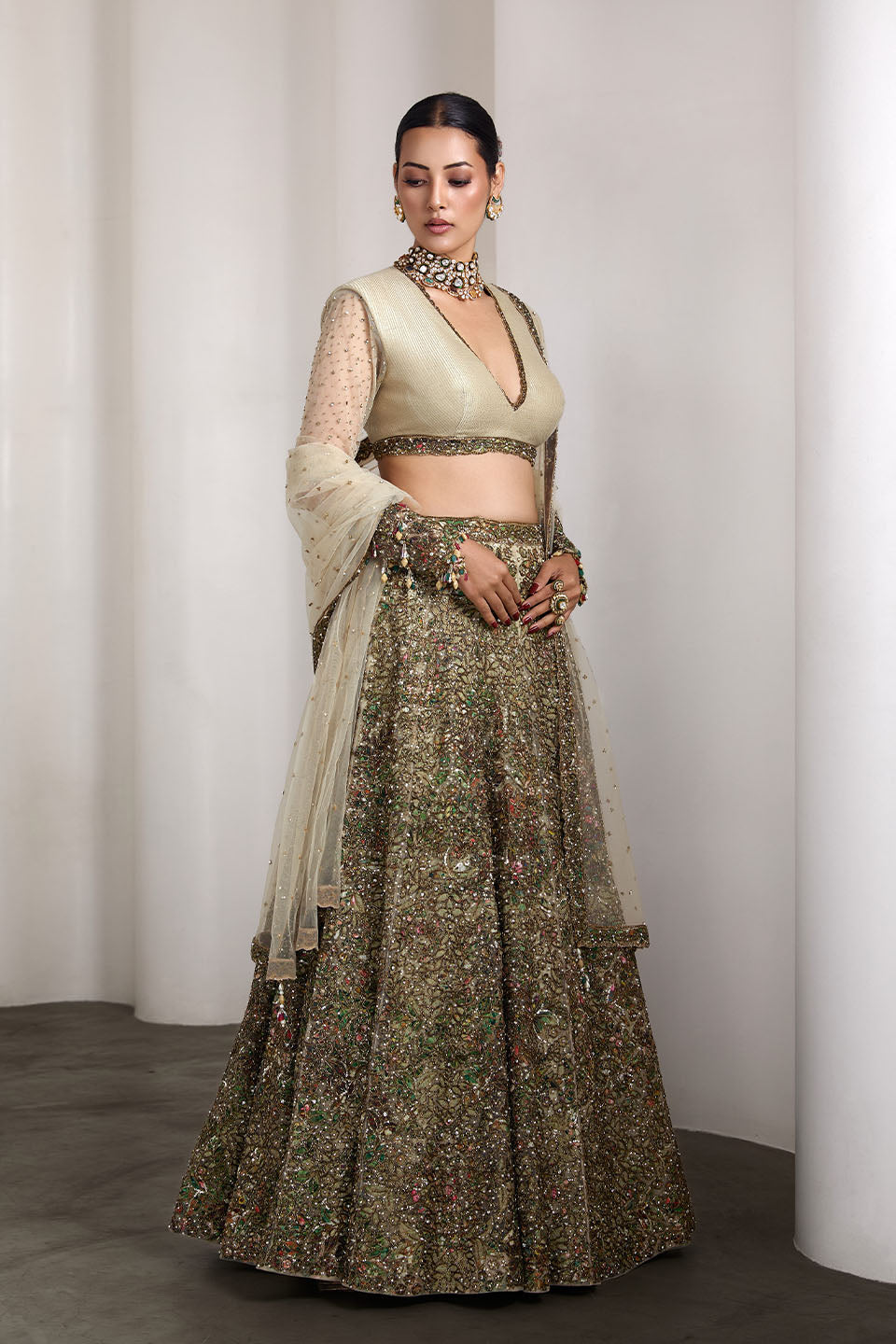 Ivory patchwork lehenga set