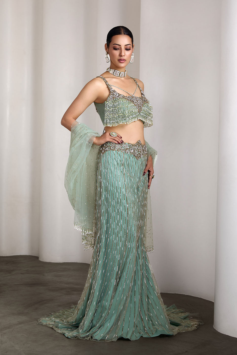 Aqua blue embroidered lehenga set