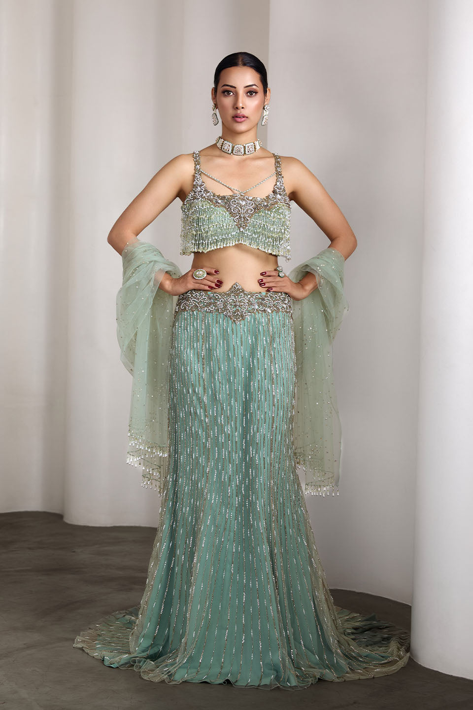 Aqua blue embroidered lehenga set