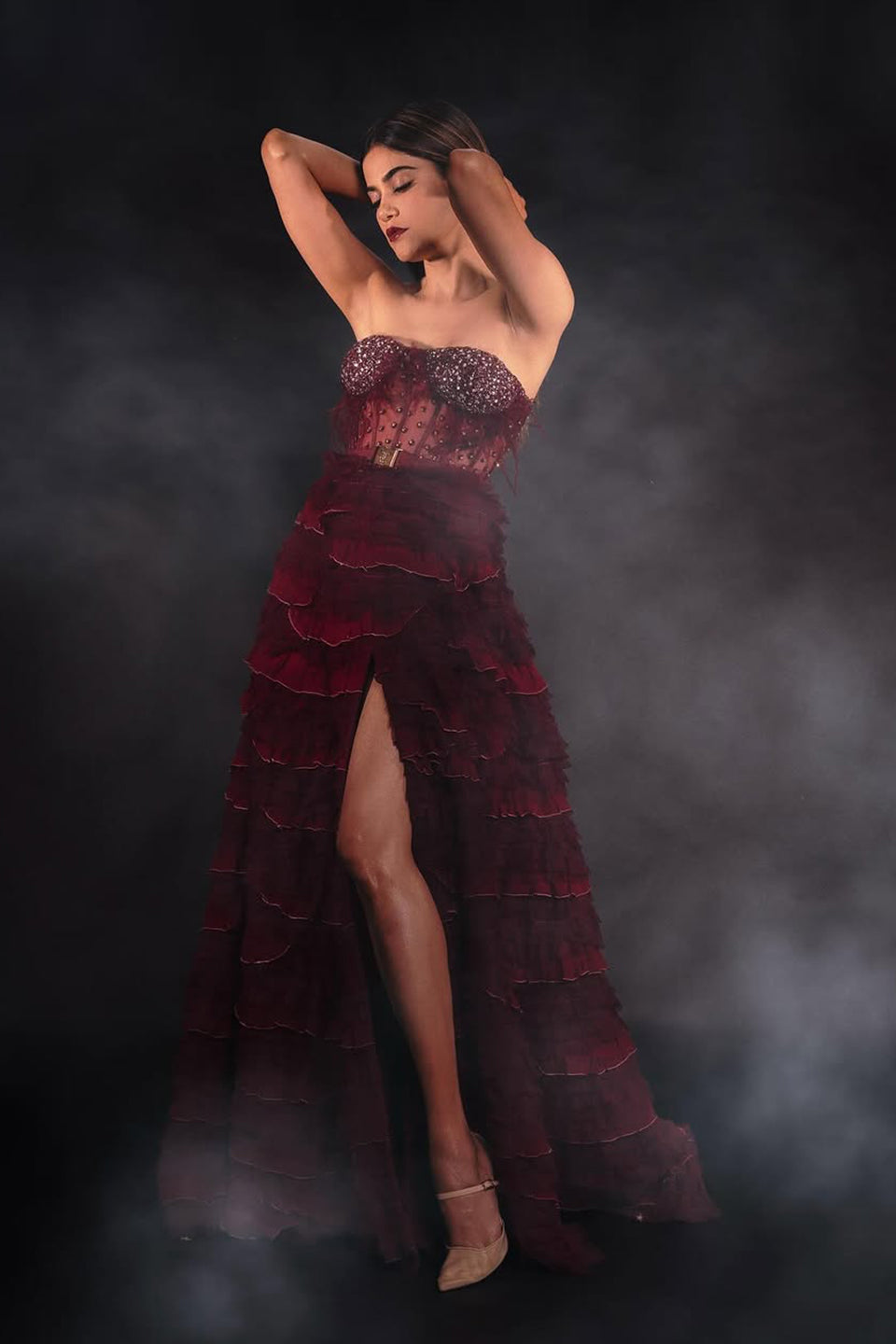 Aditi Pohankar in Burgundy corset gown with frill detailing