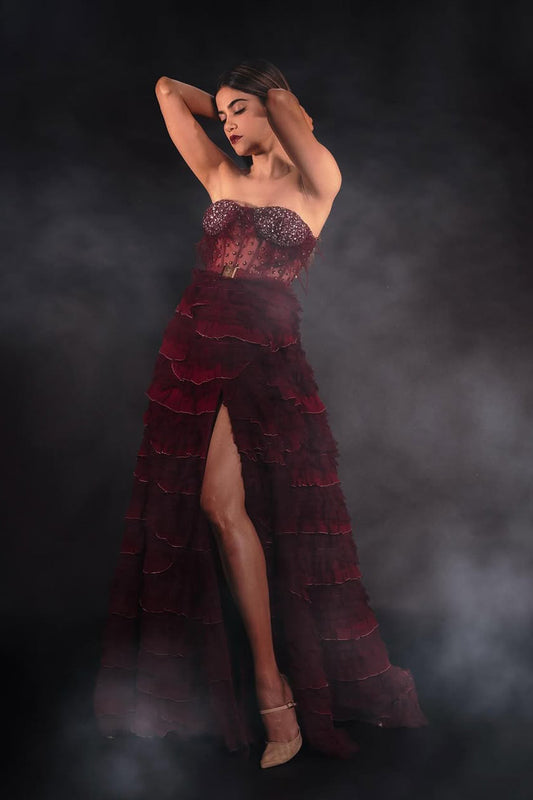 Aditi Pohankar in Burgundy corset gown with frill detailing