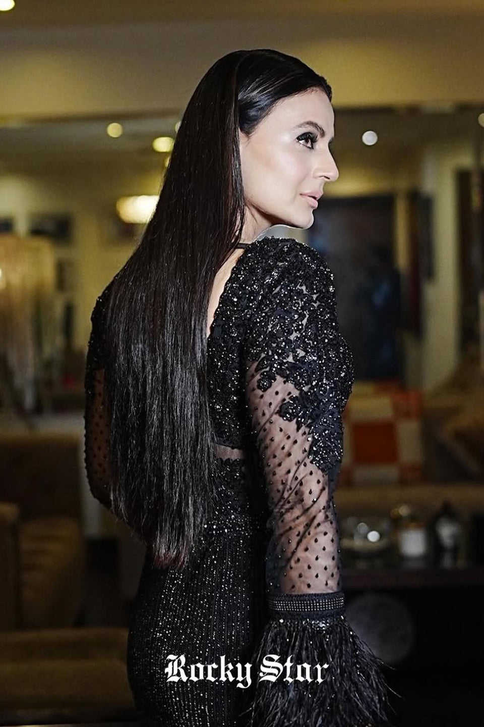 Ameesha Patel in black beaded embroidered gown