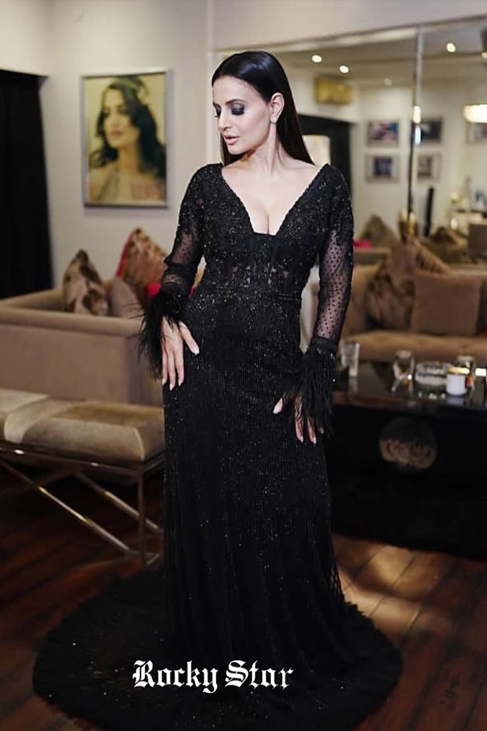 Ameesha Patel in black beaded embroidered gown