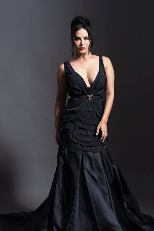 Sunny Leone in Deep v neckline flared gown
