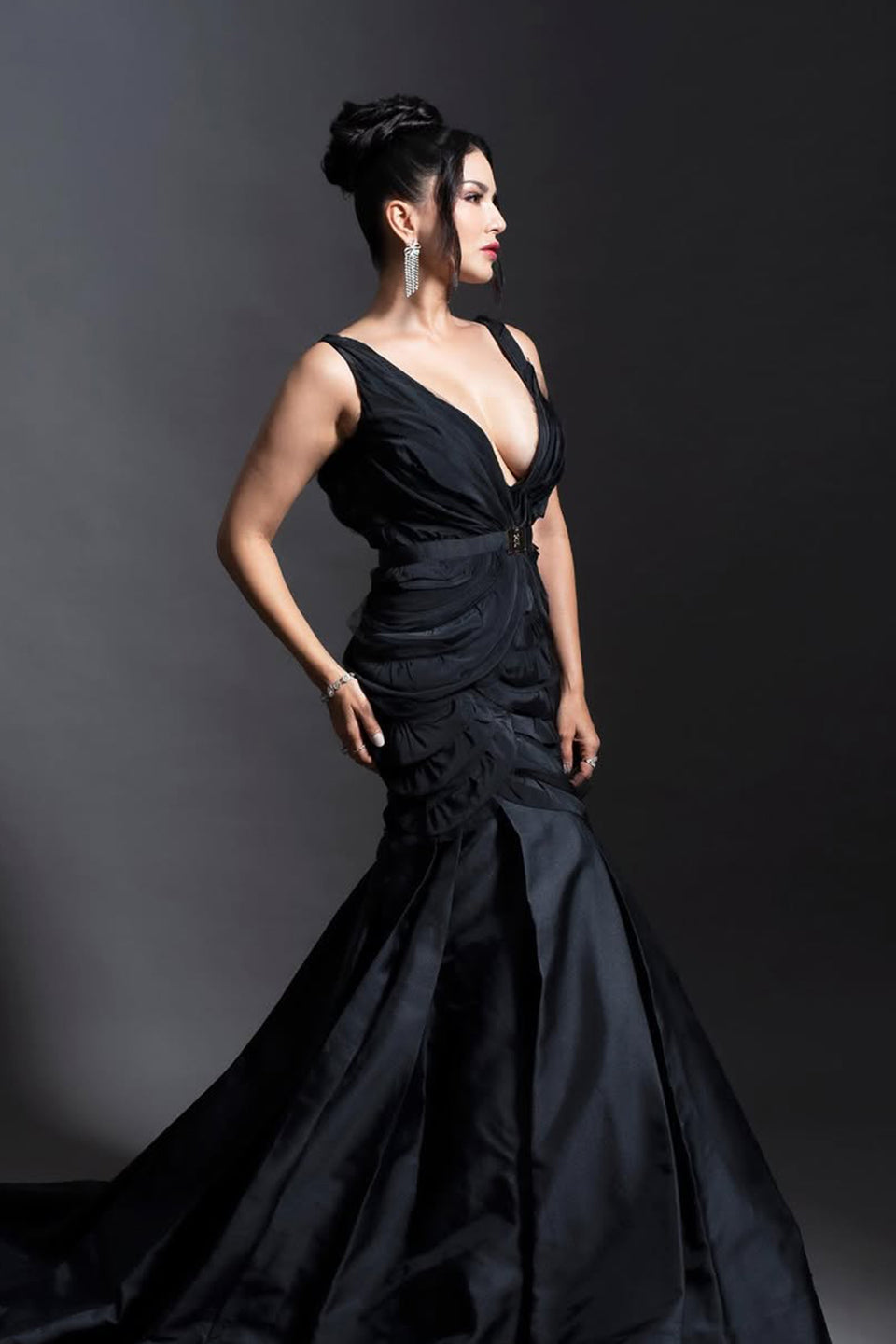 Sunny Leone in Deep v neckline flared gown