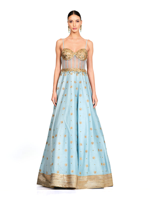Silk Gown with Scattered Embroidered Bodice