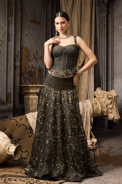 Black Corset And Lehenga Set