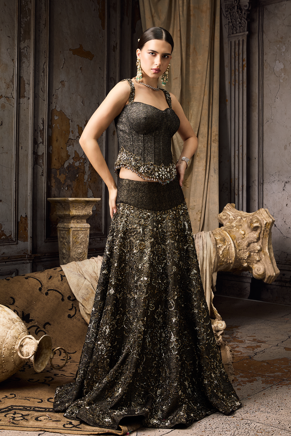 Black Corset And Lehenga Set