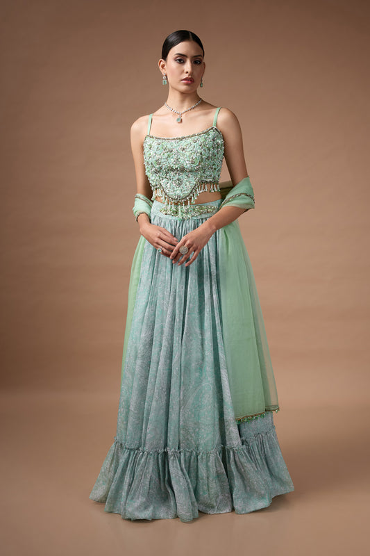 Green Embriodered blouse with floral printed lehenga
