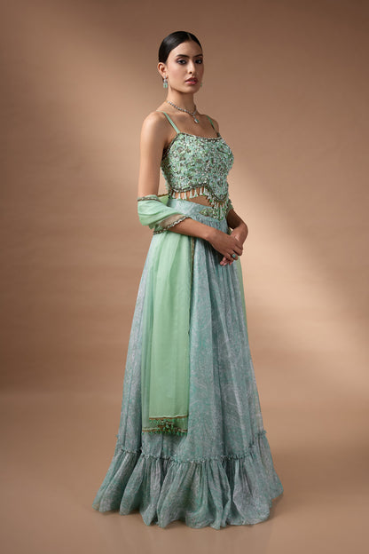 Green Embriodered blouse with floral printed lehenga