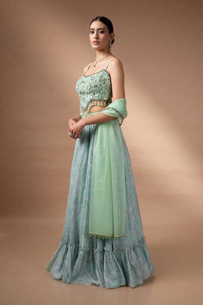 Green Embriodered blouse with floral printed lehenga