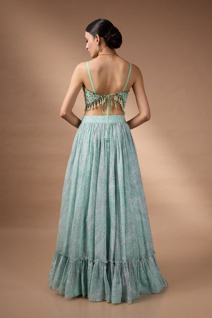 Green Embriodered blouse with floral printed lehenga