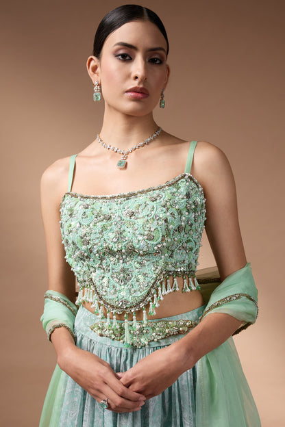 Green Embriodered blouse with floral printed lehenga
